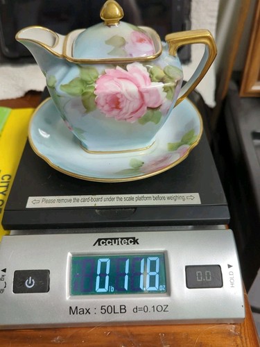 Hand Painted Noritake Syrup Pitcher Lid & Underplate Pink Roses On Blue 1930's - Picture 18 of 21