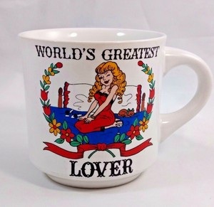 Vintage-Papel-Coffee-Mug-10oz-Worlds-Greatest-Lover-Busty-Blonde-Left-Handed