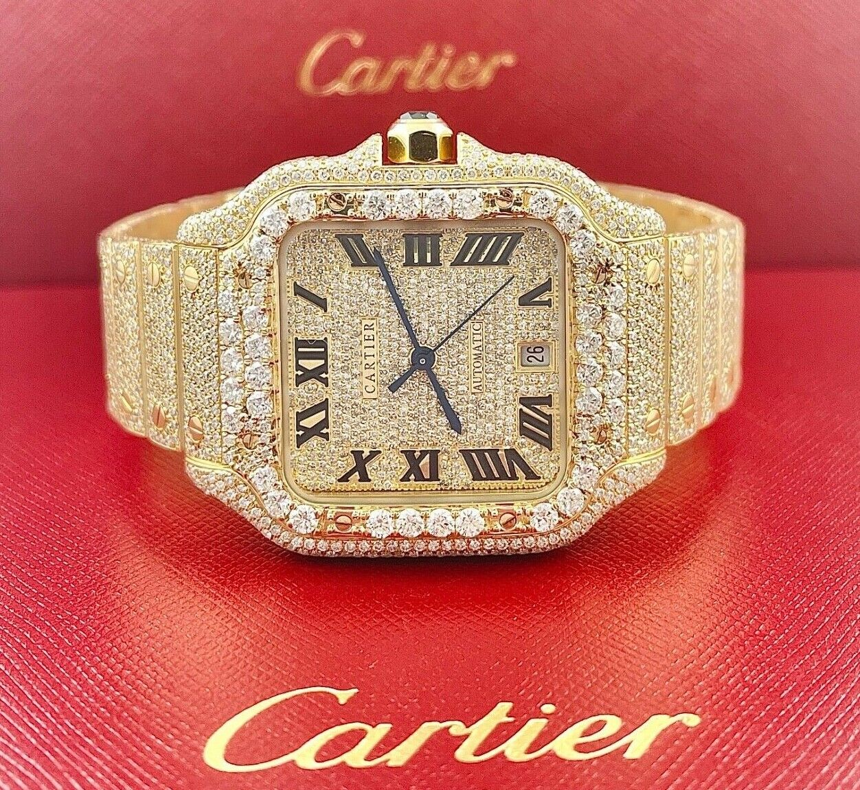 Cartier Santos Mens Custom 39.8mm 18k Yellow Gold Watch Iced Out 25ct ...