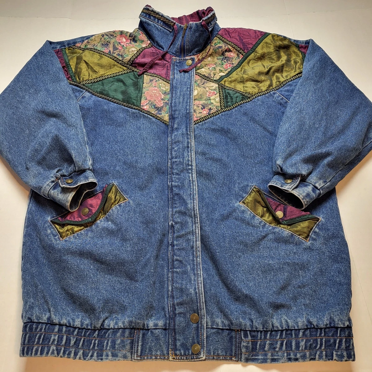 Vtg Weathered Blues Denim Jacket Womens L Floral Blue Full Zipper Flowers 90s