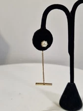 Vintage 12k GF Tie Tack Pin With Chain Gold Tone White Round Faux Pearl, *71