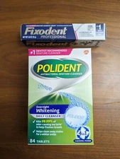 Polident Overnight Whitening Denture Cleanser Tablets 84 Ct 12/26 + Fixodent Pro