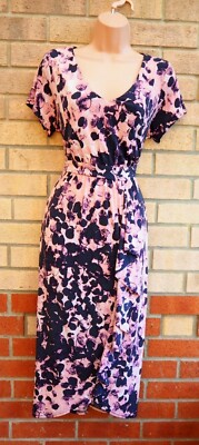 ZUSAMMEN ROSA SCHWARZ GEFLECKT FRILL KURZARM V-AUSSCHNITT LYCRA BODYCON MIDI KLEID L