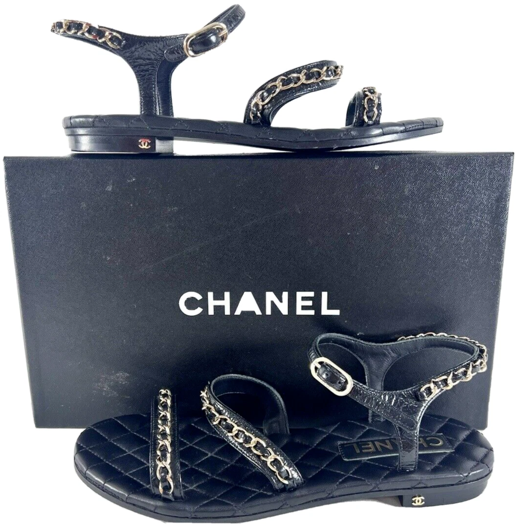 CHANEL CC CAMILLA Flower Black Leather Slides Sandal Shoe 36.5 6.5