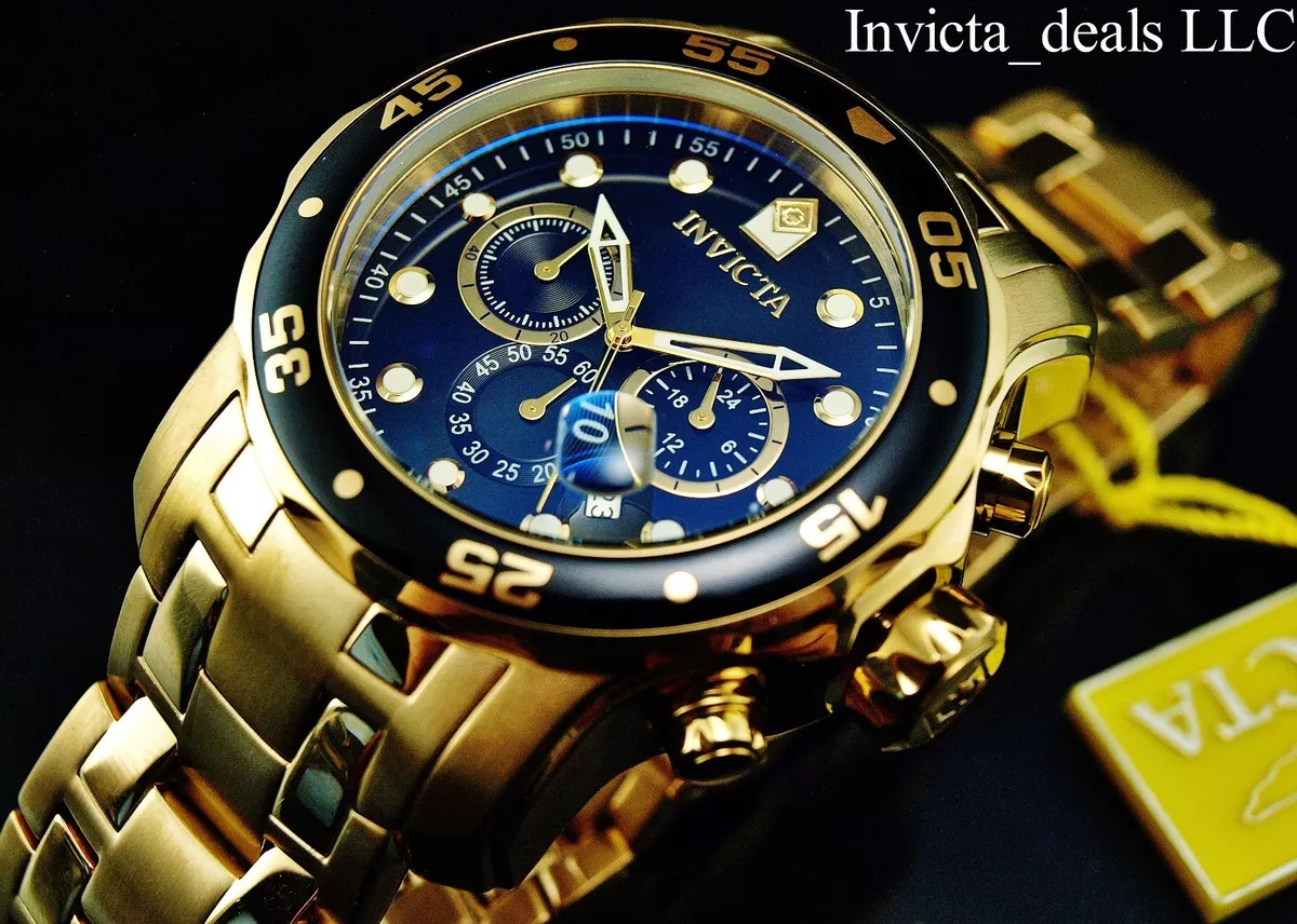 Invicta Men 48mm Pro Diver SCUBA Chronograph Black Dial 18k Gold