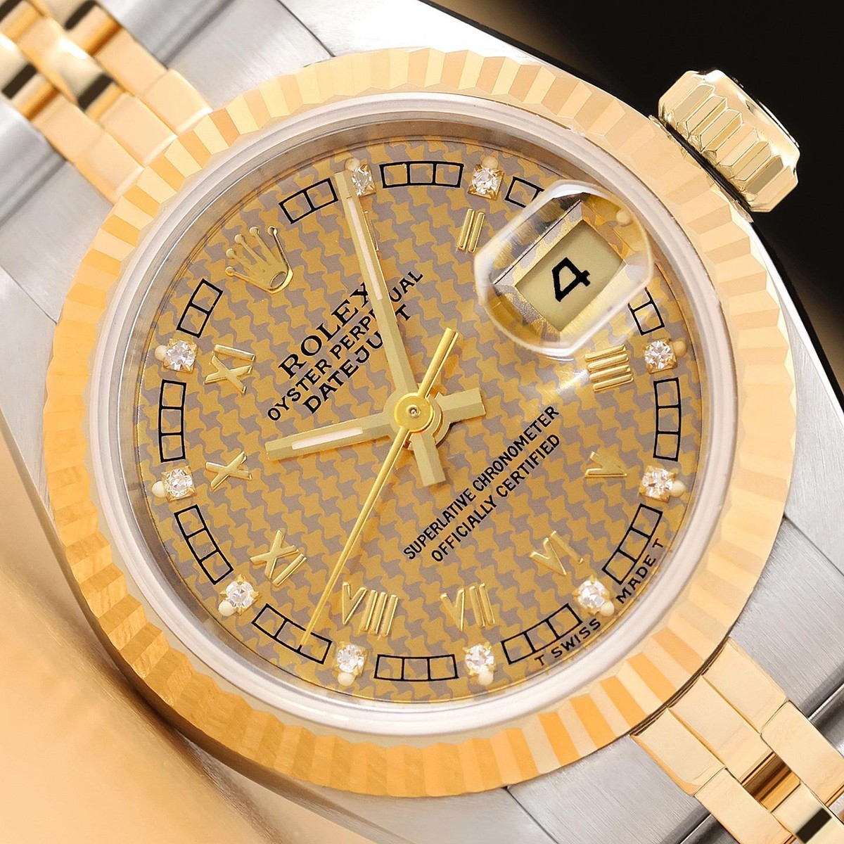 ROLEX LADIES DATEJUST 69173 HOUNDSTOOTH FACTORY DIAMOND ROMAN 18K
