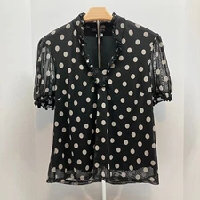 Stitch Collection Womens Black Polka Dot Short Sleeve Lined Blouse Size XL