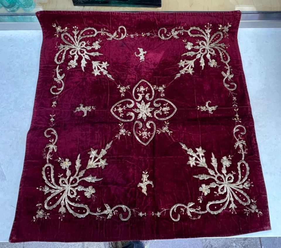 19c. Antique Ottoman Velvet Silver Thread Embroidery Tablecloth Table Cover 32'' - Image 2 of 4