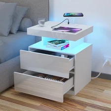 LED Nightstand with Wireless Charging Station Type C USB Port 2 Drawers White