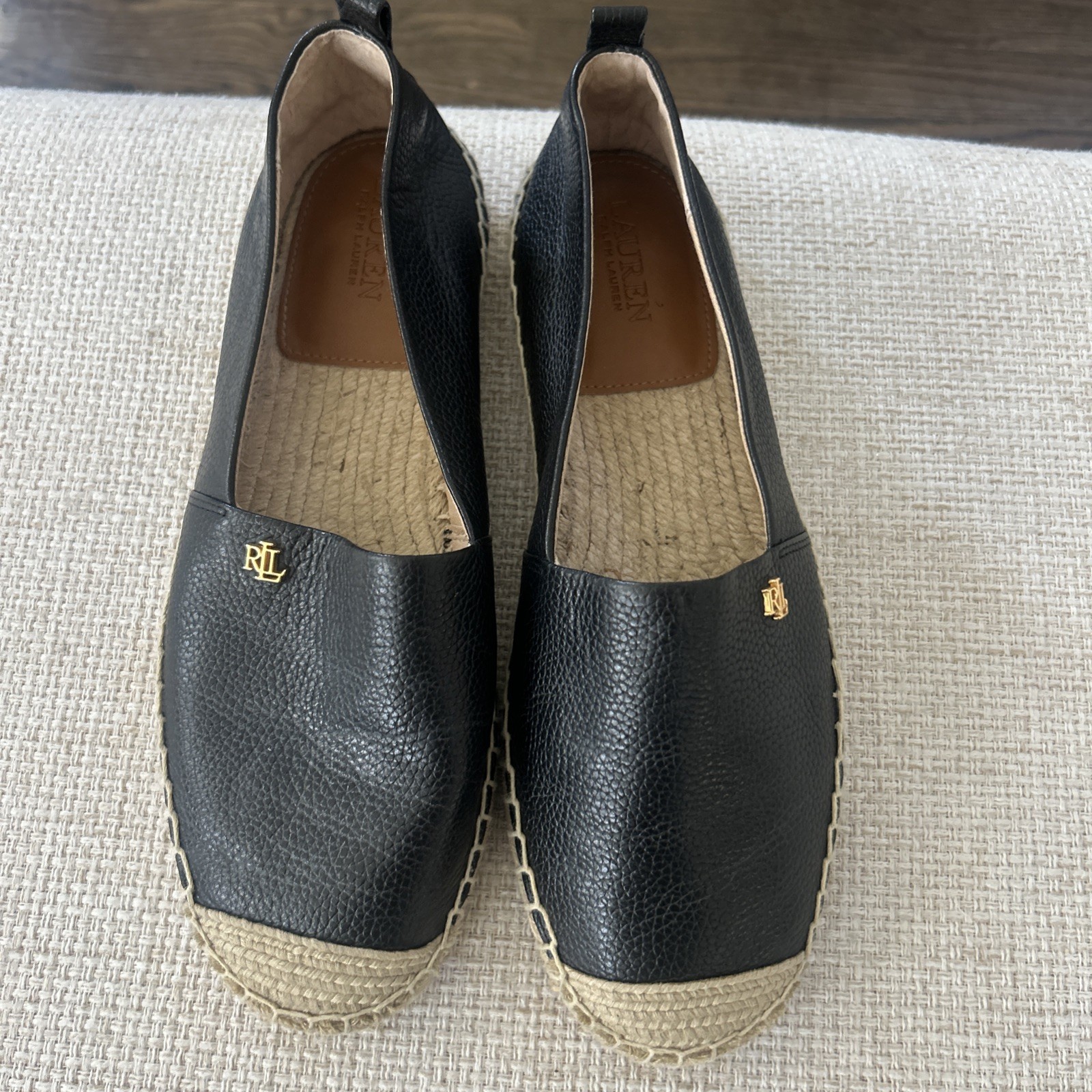 Ralph Lauren Cameryn IV Espadrille Tumbled Leather Black Women's Size 7 EUC