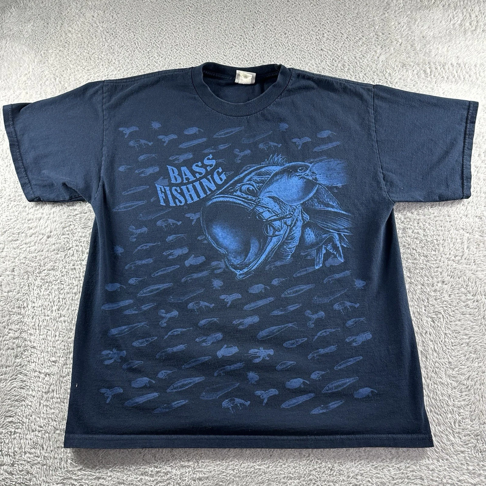 VINTAGE Bass Fishing Shirt Mens XL Blue AOP Fish Outdoors Camping Gorpcore