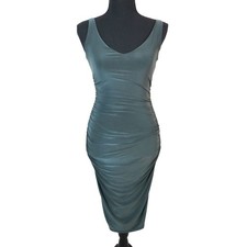 Vintage Y2K Windsor Dark Green Dress Bodycon Ruched Ruching Midi Small Party