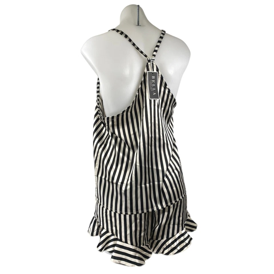 NEW Bella Black White Silk Satin Stripe Sleeveless Tank Shorts Pajama 2 Pc Set M - Image 2 of 4