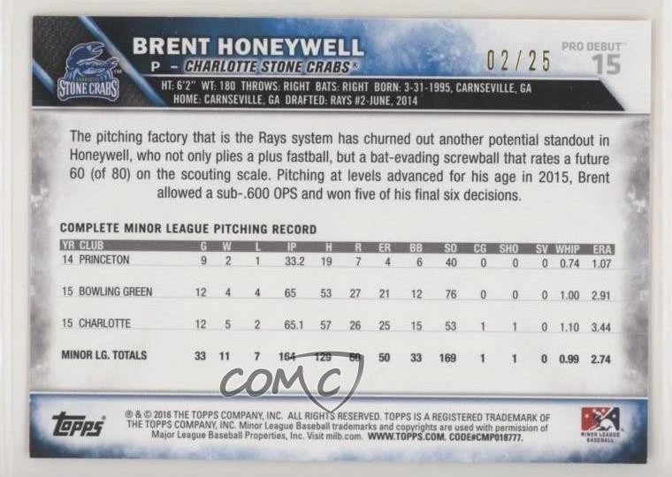 2016 Topps Pro Debut Orange /25 Brent Honeywell #15 - Image 2 of 2