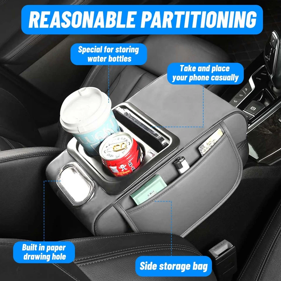 Car Armrest Cover Cushion Car Center Console Armrest Pillow With 2 Cup Holder Foto 3 de 4