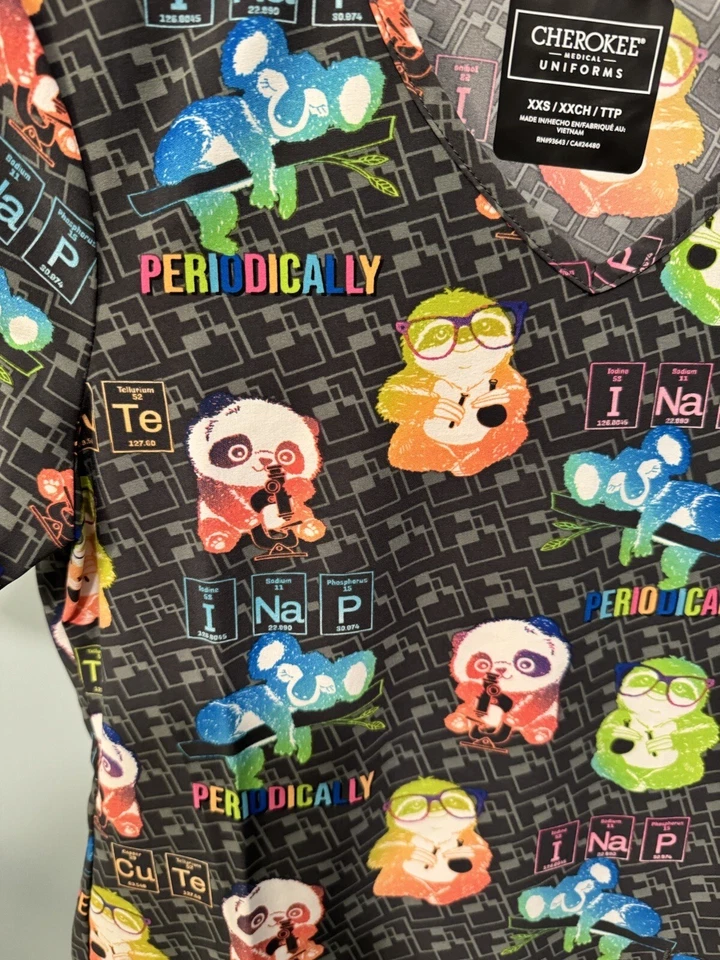 Cherokee Modern Classic Grey Animals Vet Extra Extra Small XXS women scrub Top - Image 3 of 4