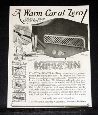 1927 OLD MAGAZINE PRINT AD, THE KINGSTON HEATER, FOR A WARM CAR AT ZERO DEGREES!