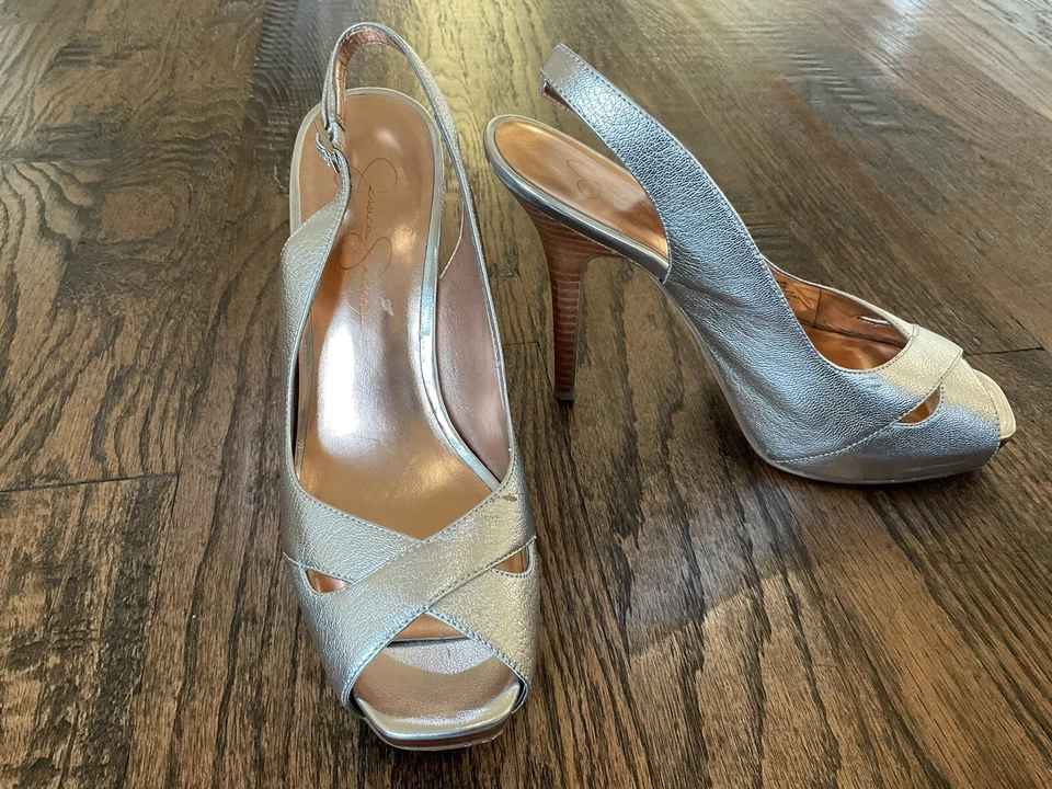 Jessica Simpson JS BABE Plata Plataforma Tacones Dream Nappa Puntera Abierta EE. UU. Talla 9B Foto 4 de 4