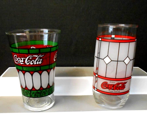Two  Coca Cola Drinking Glass Libbey Coke Tumbler Stained Glass Set of 2