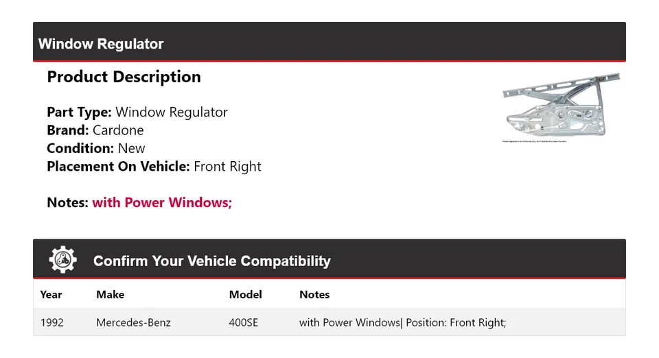 Regulador de ventana delantero derecho cardone para Mercedes-Benz 400SE 1992 Foto 2 de 4