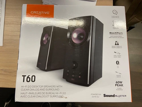 Creative T60 Kompakter Hi-Fi 2.0 Desktop-Lautsprecher mit Clear Dialog und Surro