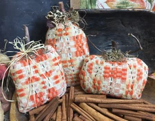 Antique Orange Wool Overshot Coverlet Pumpkin Bowl Fillers ~ Set of 3 ~ AAFA