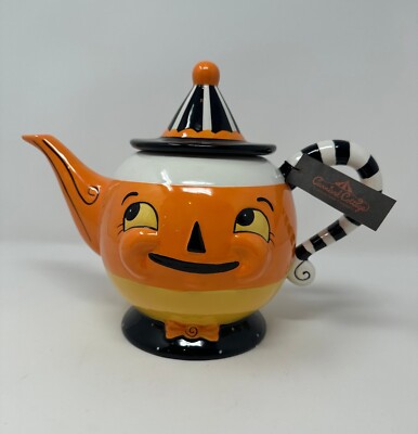 Johanna Parker Carnival Cottage Halloween CANDY CORN SPOOKS PUMPKIN TEAPOT - NEW
