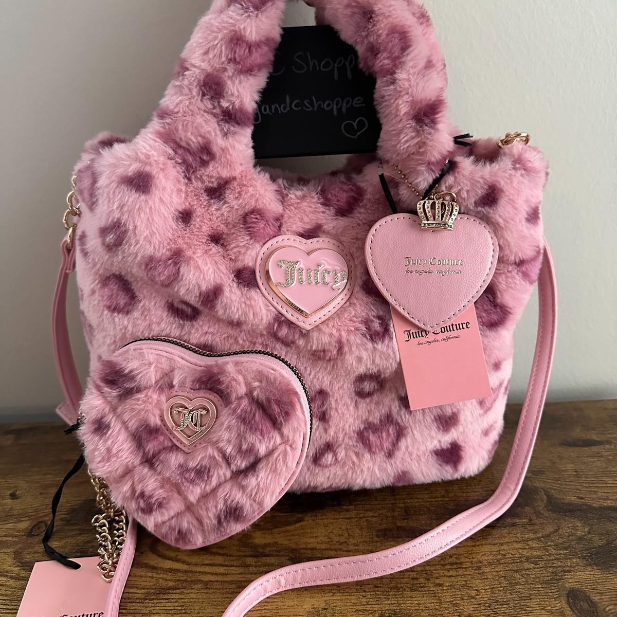 New Juicy Couture Warm Up Pink Snow Leopard Fluffy Tote Handbag