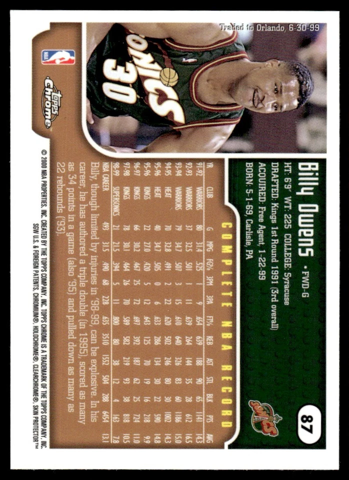 1999-00 Topps Chrome Billy Owens Seattle SuperSonics #87 - Image 2 of 2