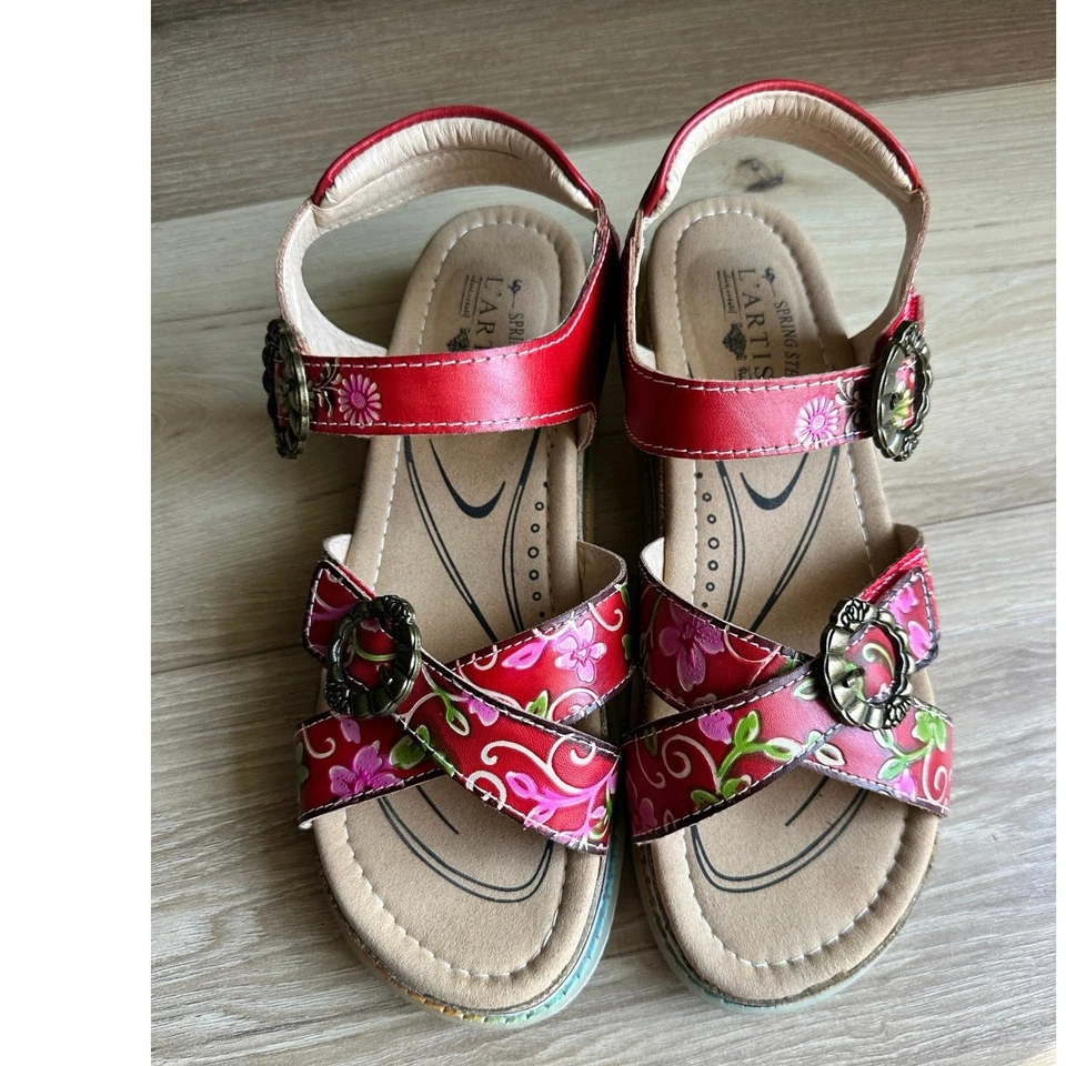 Spring Step L’Artiste Red Floral Gabriola Leather Sandals Size 42 / 10.5-11 - Image 3 of 4