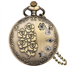 Rose Flower Pocket Watch Necklace Chain Bronze Tone Quartz Romantic Gift for Her