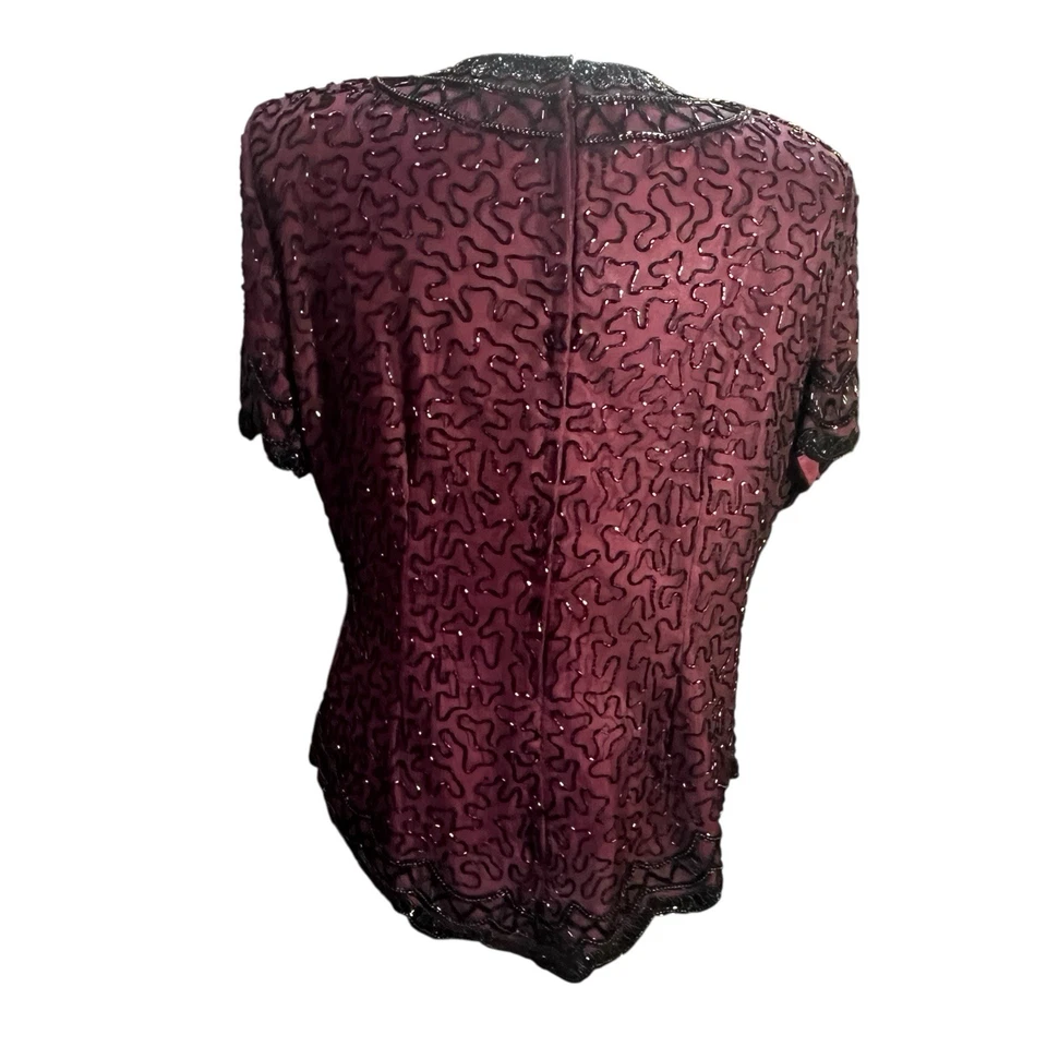 Vintage Women's XL Black Beaded Silk Top Red Top Short Sleeve Cocktail Elegant - Image 4 of 4