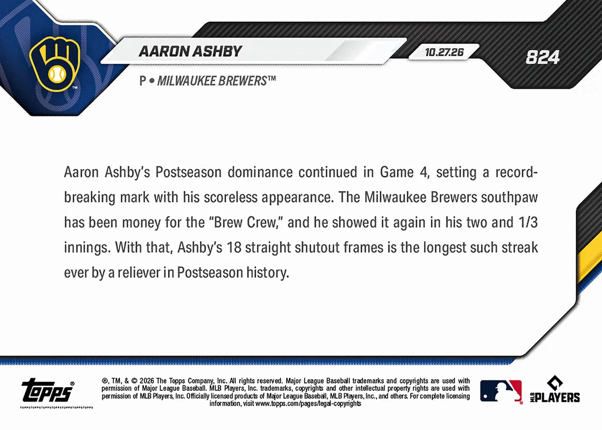 Aaron Ashby 2026 MLB Topps Now Serie Mundial #824 Milwaukee Brewers Preventa