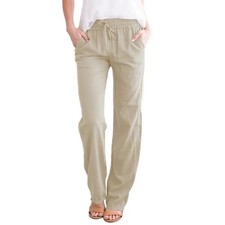 Women Cotton Linen Trousers Ladies Summer Casual Elastic Waist Bottoms Pants UK