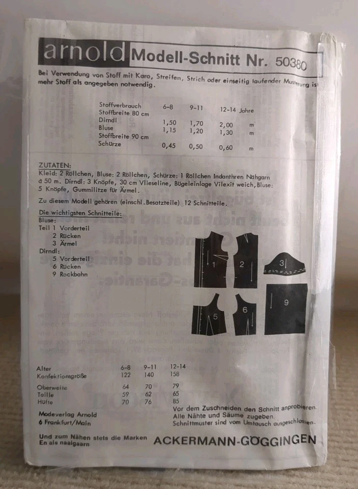 Neue Mode Arnold 50380 German Dirndl Girls Ages 6-14 UNCUT - Image 2 of 4