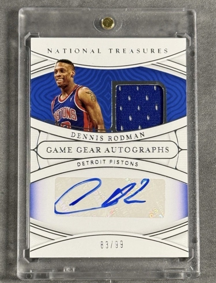 2021-22 Panini National Treasures Dennis Rodman Patch Auto /99 Game Worn Pistons