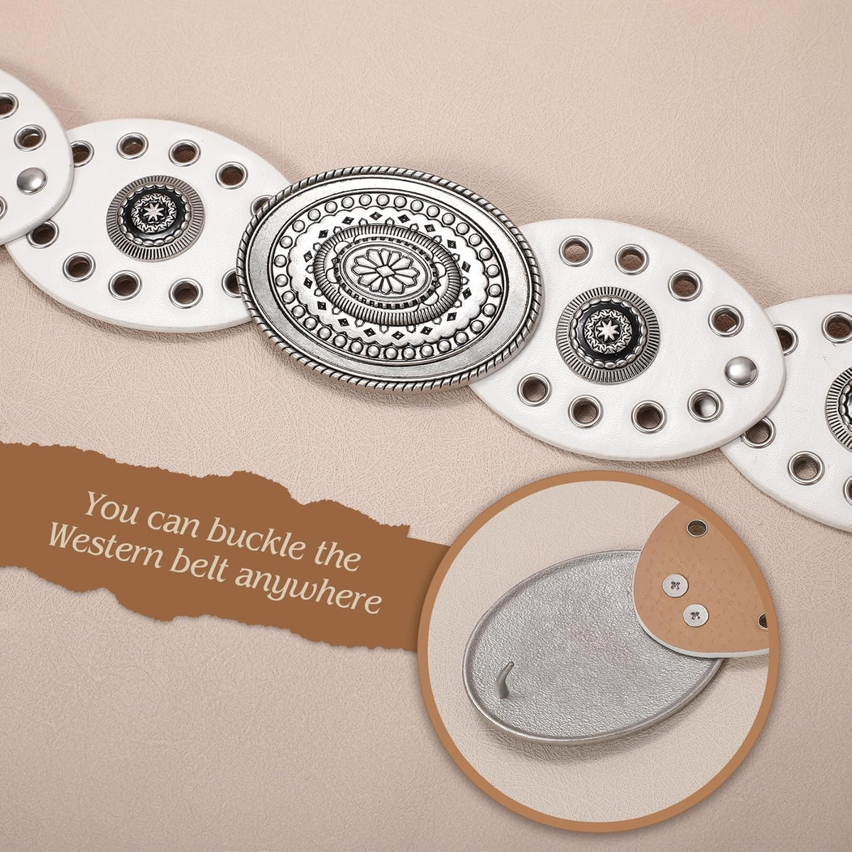 Disc Concho Western Belt with Hollow Oval Design Adjustable Wide PU Leather Amazon.com: Wovanoo Wide Disc Belt for Women Oval Leather  main image 2