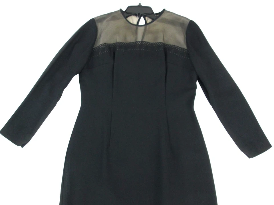 Vintage 60s Little Black Cocktail Dress 14 Sheer Bow Long Sleeve Minimalist Goth - Image 2 of 4