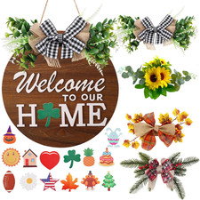 Interchangeable Welcome Sign for Front Door with 4 Seasonal Wreaths and 14 Chang