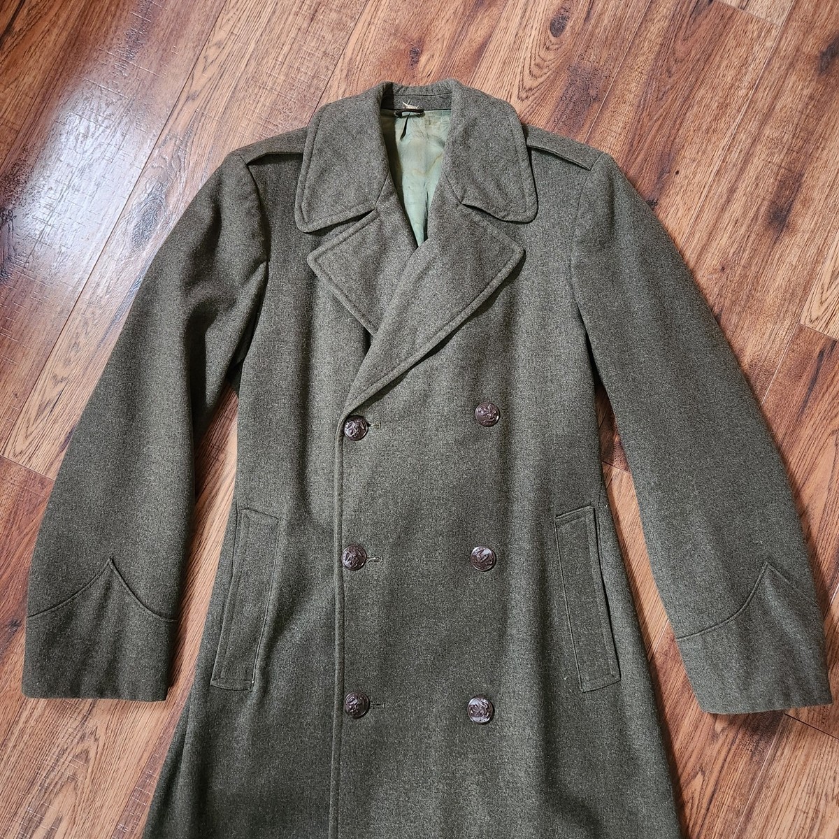 Vintage WWII American US Army 40s Wool Overcoat Mens Olive Green