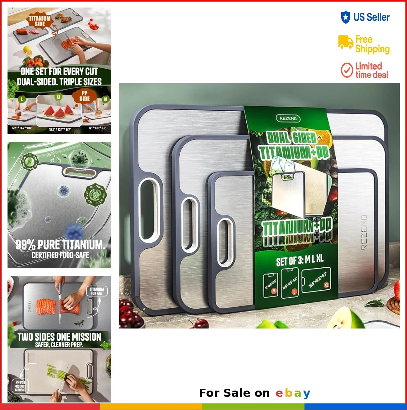 Titanium Cutting Board Set of 3 Dual Sided Non Toxic Chopping Boards with Juice