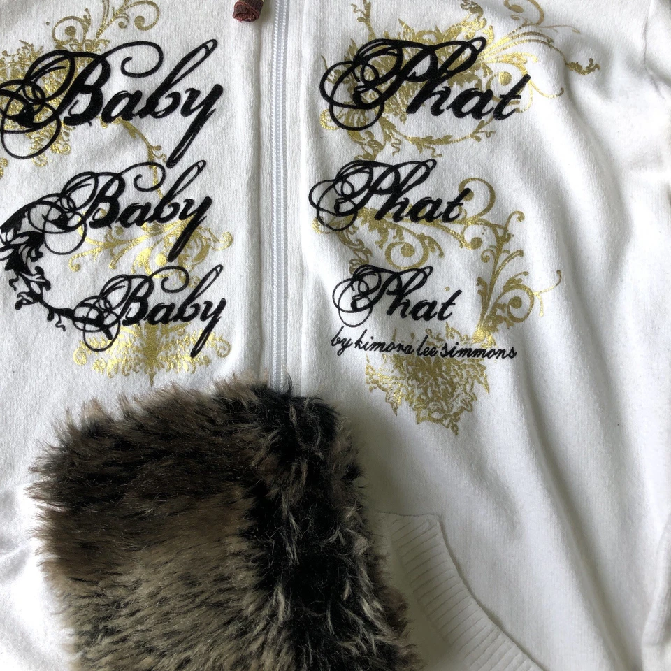 Vintage Y2K Baby Phat Women’s White Gold Hoodie Faux Fur Cuff Hood Size Large - Image 4 of 4