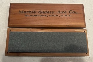 Vintage Marble's Safety Axe Co. Knife Sharpening stone. NEW in wooden box.