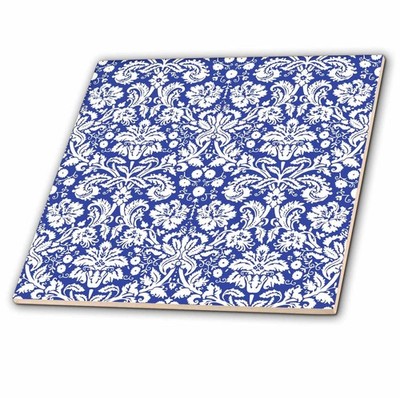 3dRose Roya Blue & White Damask CeramiTileElegant VictorianFrench Floral, 8-Inch