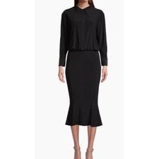 Norma Kamali Womens Minimalist Elegant LBD Mermaid Midi Dress M Black Collared