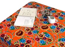 Alux Sweet Flower Oilcloth Tablecloth - Orange - Plastic Vinyl PVC - Mantel d...
