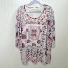 Catherine’s White Floral Print Mesh 3/4 Sleeve Blouse Women’s Plus Size 3X 26/28