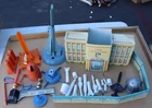 VINTAGE CAPE CANAVERAL TIN MISSILE TEST BASE PLAY SET LOT w/ BUILDING MARX