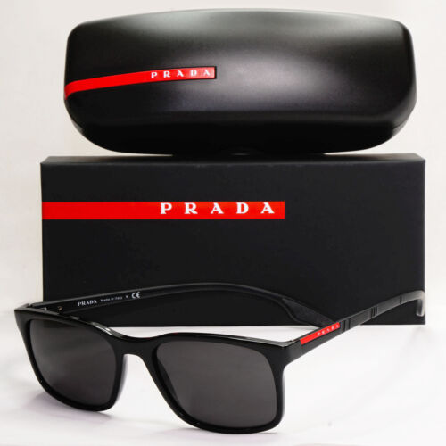 Prada Sunglasses Black Square Glossy Red Stripe PS01LV VPS 01L 1AB-1O1 54mm - Picture 1 of 12