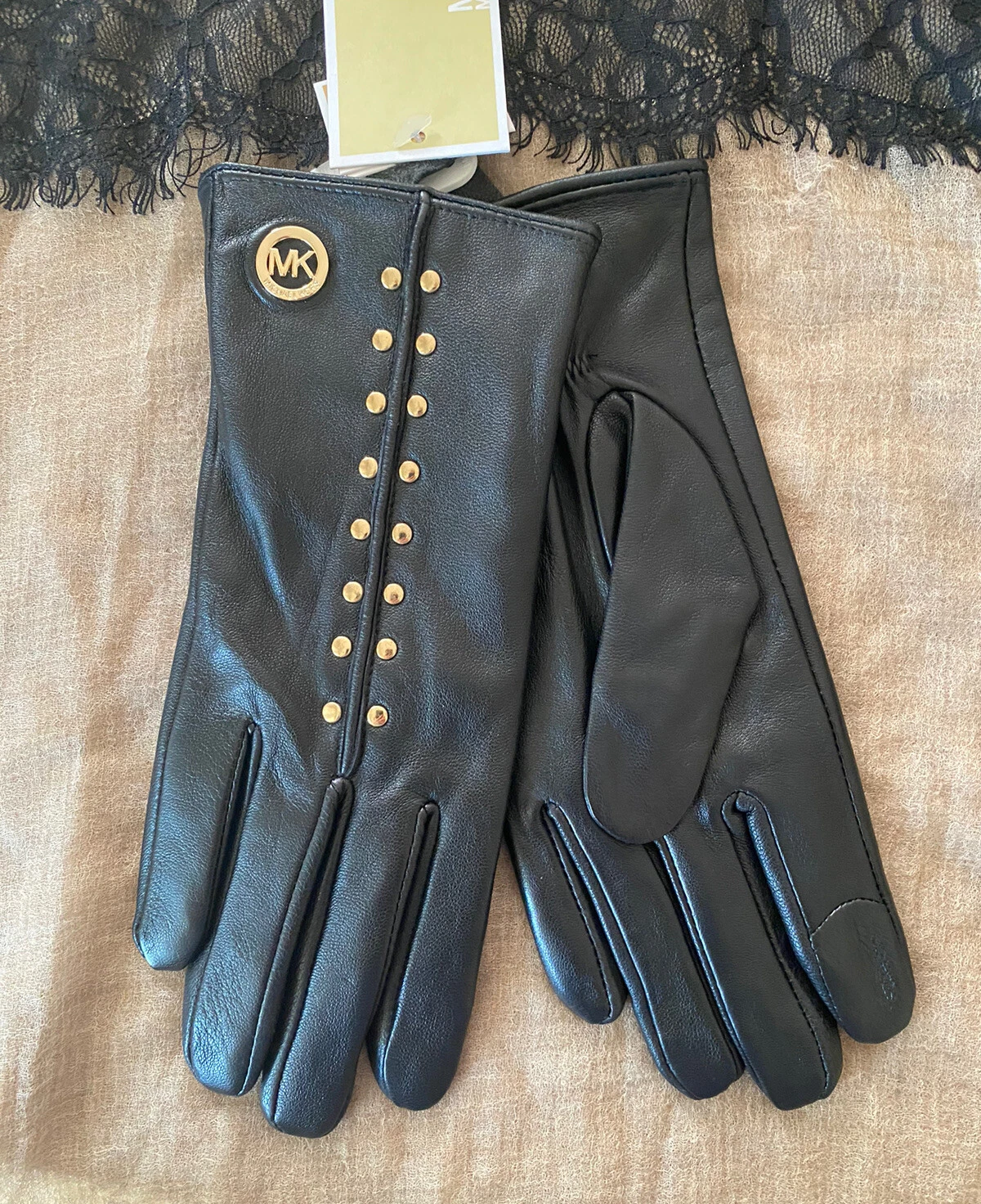 MICHAEL KORS L LEATHER GLOVES ASTOR TOUCH TIPS SCREEN STUDDED TECH BLACK NWT $98
